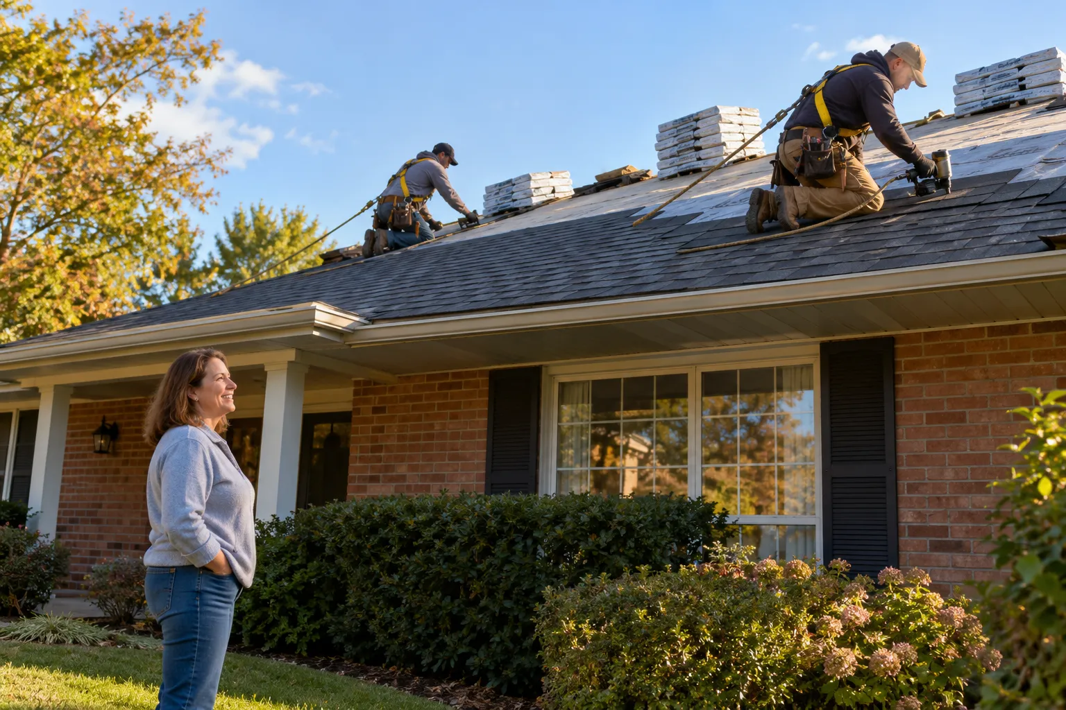 A local roofing crew installing new shingles on a brick ranch home in Kenner